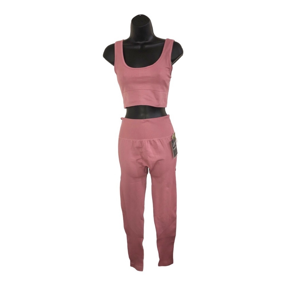 2piece rose pink cropped sports bra and leggings performance active set sz S/M